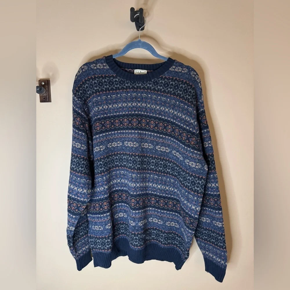Vtg L.L.Bean Men's XL Cotton Fair Isle Nordic Crewneck Sweater Navy Blue